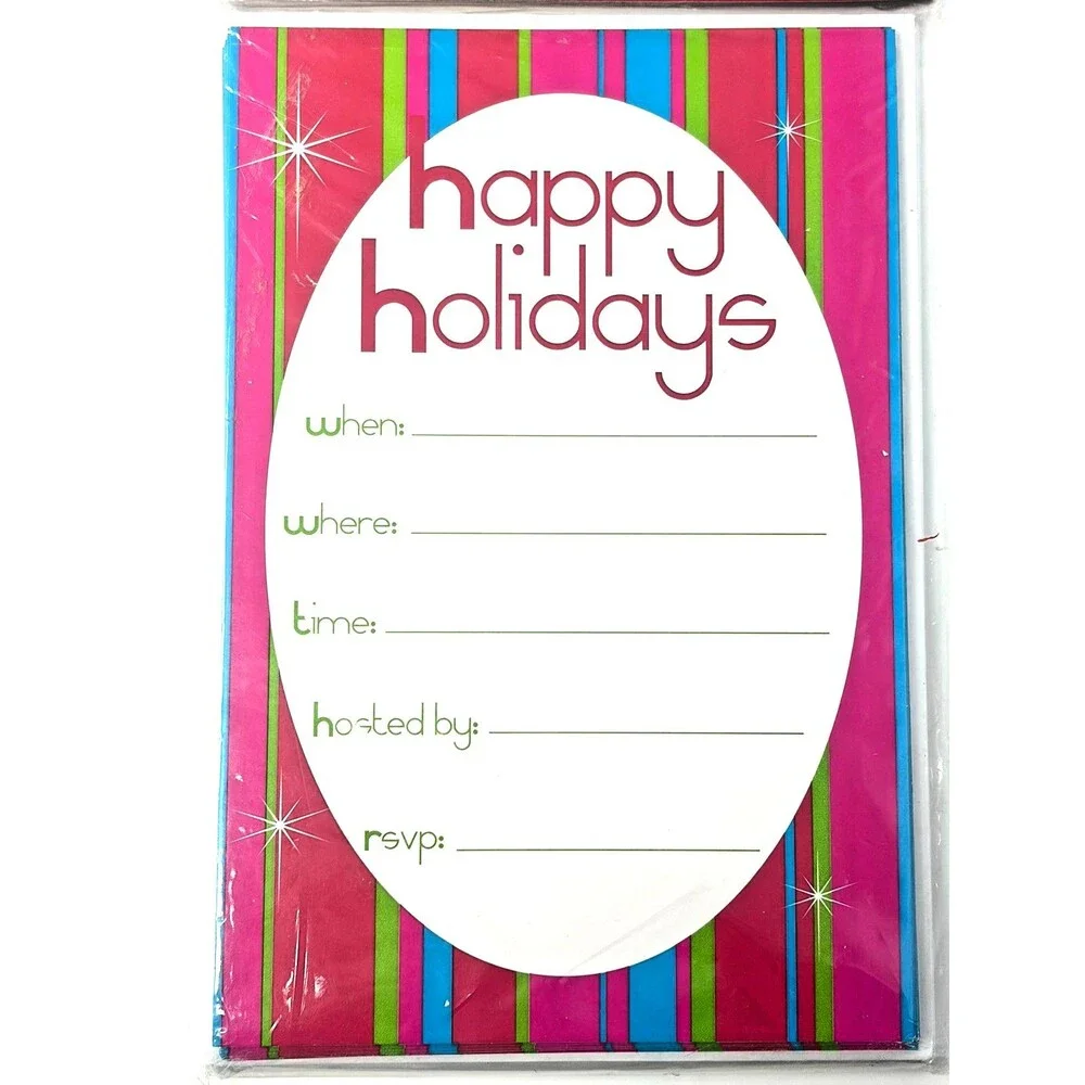 8 Pk Happy Holidays Party Invitations 4x6” Bright Color Stripes 50/60s Vibe 2004